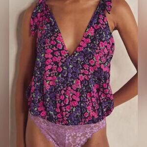 Free People Intimately Black Floral Bare it All Bodysuit Size M